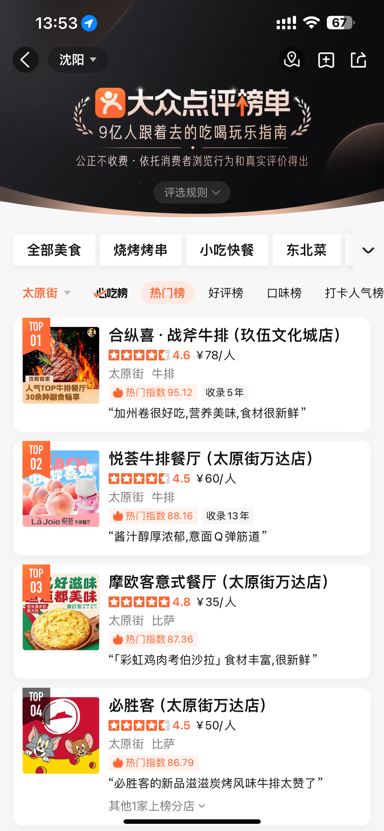 合纵喜战斧牛排大众点评热门榜TOP1截图